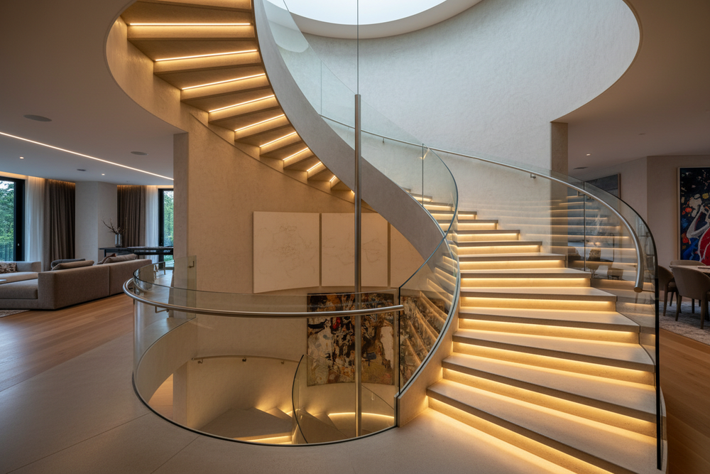 led stairs that light up a spiral staircase in a house